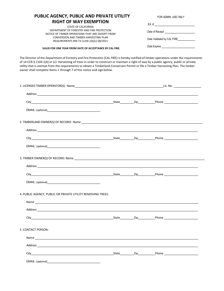 Form RM-73 Public Agency, Public and Private Utility Right of Way Exemption - California, Page 1