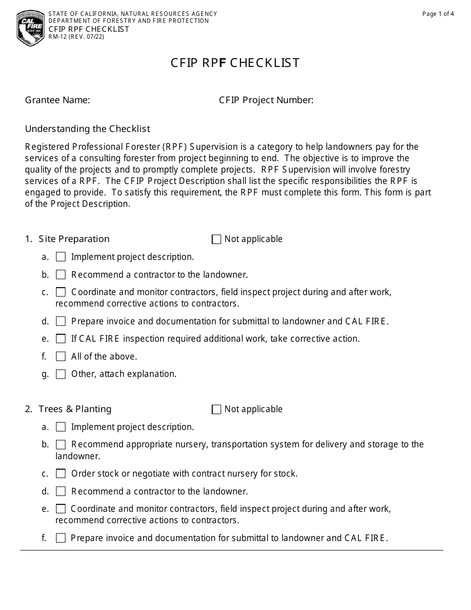 Form RM-12 Cfip Rpf Checklist - California, Page 1