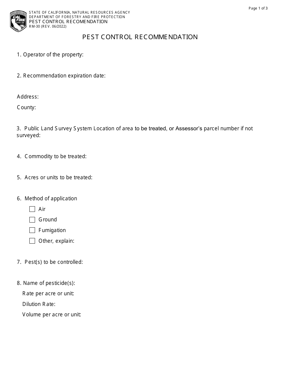 Form RM-30 Pest Control Recommendation - California, Page 1