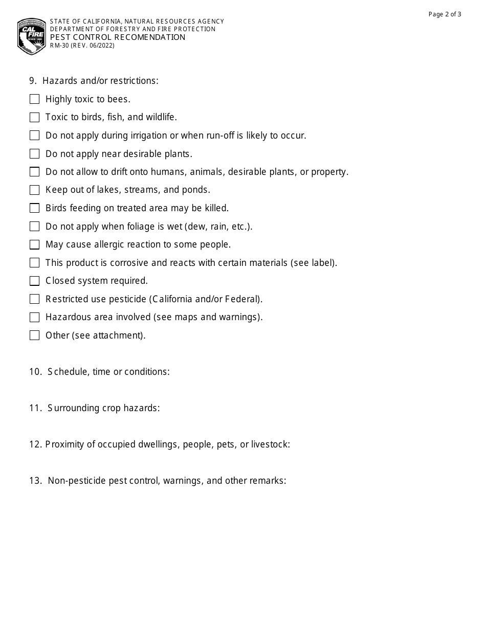 Form RM-30 Pest Control Recommendation - California, Page 2