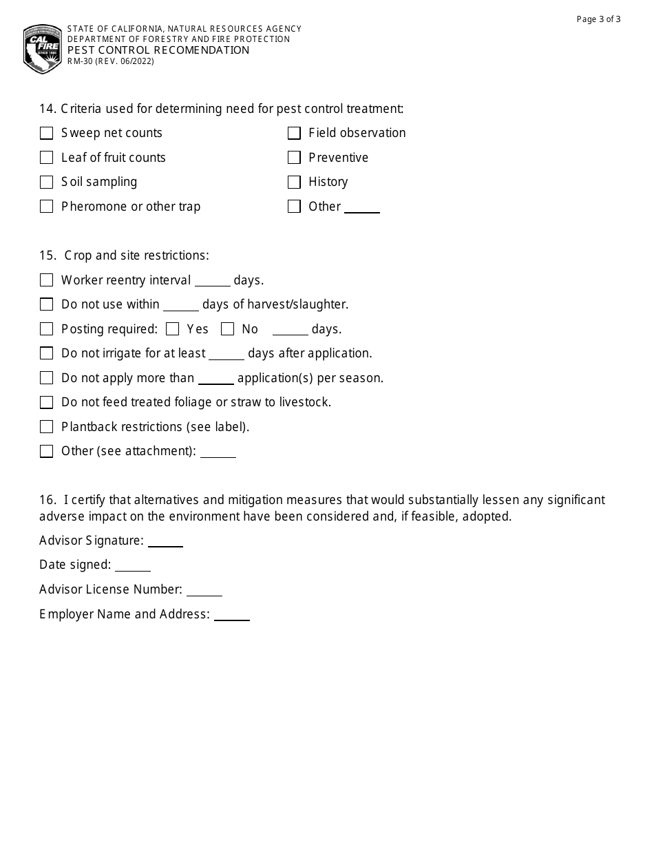 Form RM-30 Pest Control Recommendation - California, Page 3