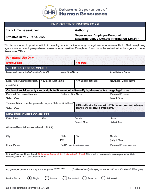 Employee Information Form - Delaware Download Pdf