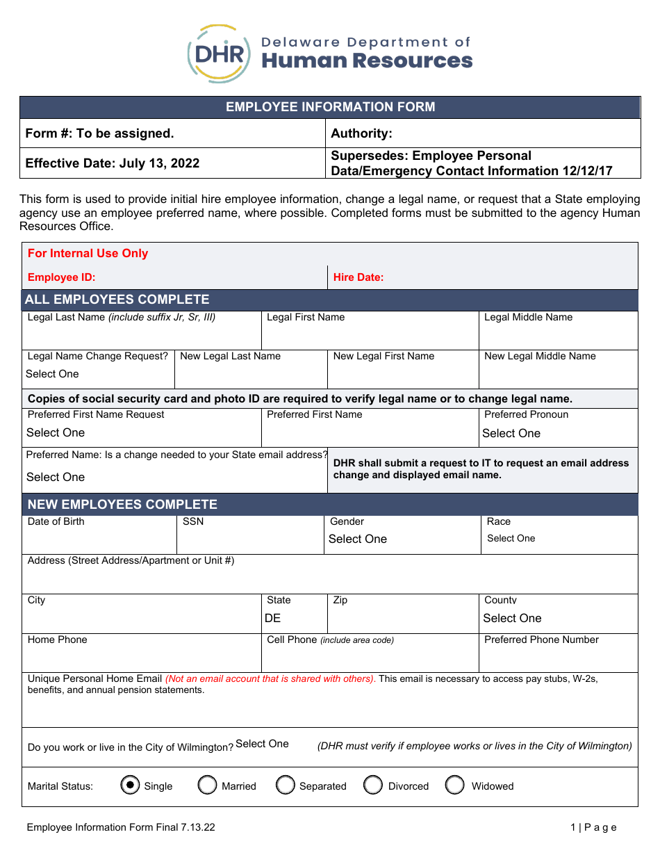 Employee Information Form - Delaware, Page 1