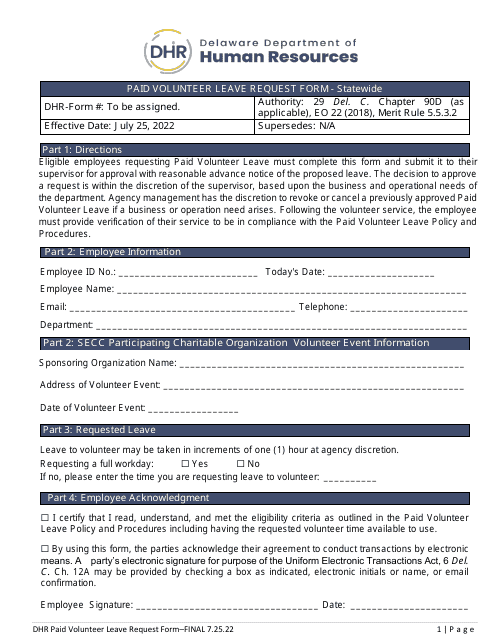Paid Volunteer Leave Request Form - Statewide - Delaware Download Pdf