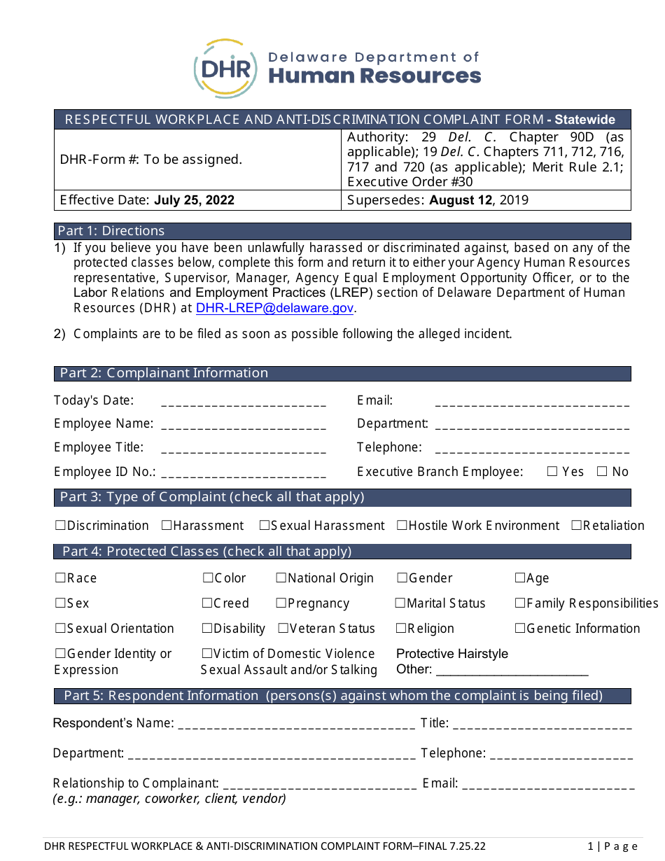 Respectful Workplace and Anti-discrimination Complaint Form - Statewide - Delaware, Page 1