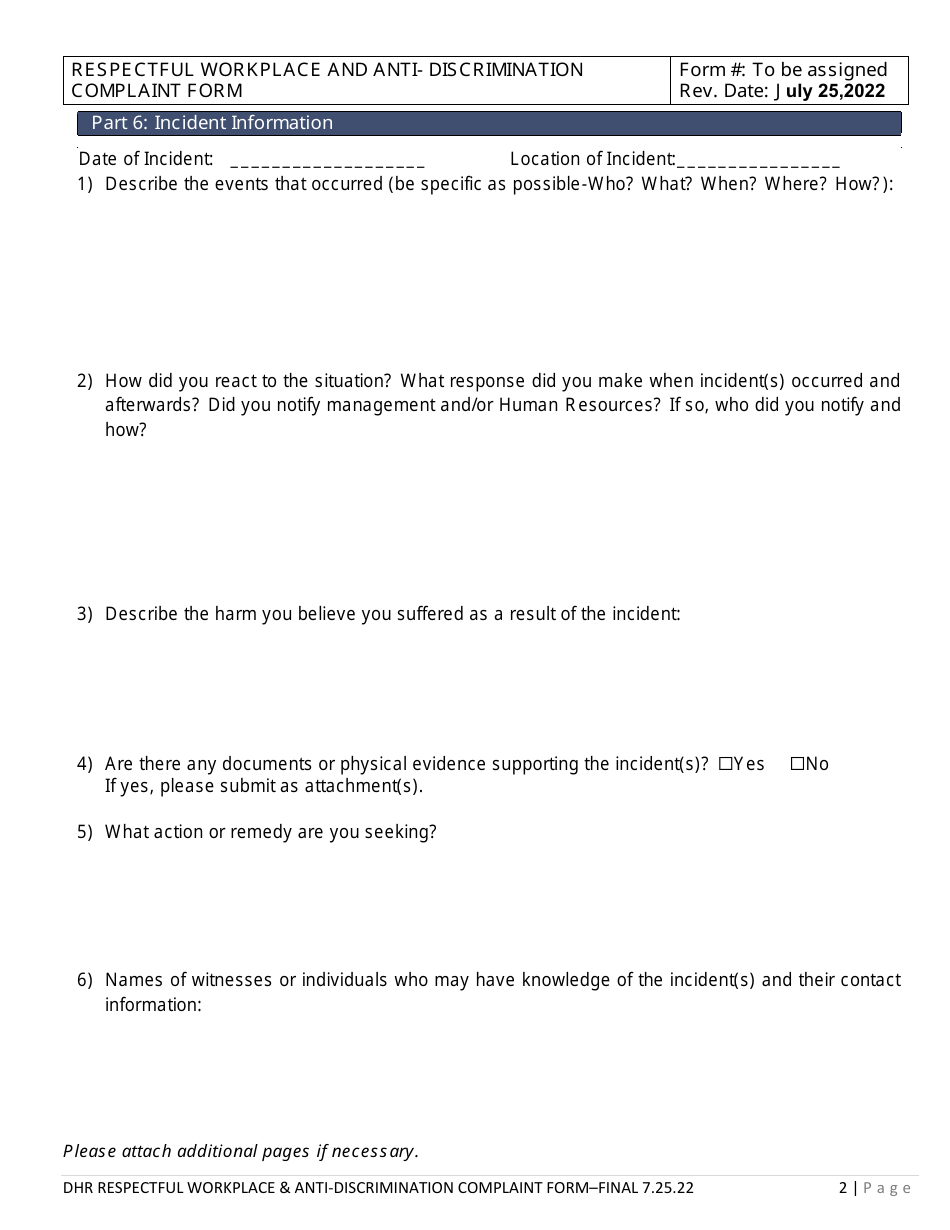 Respectful Workplace and Anti-discrimination Complaint Form - Statewide - Delaware, Page 2