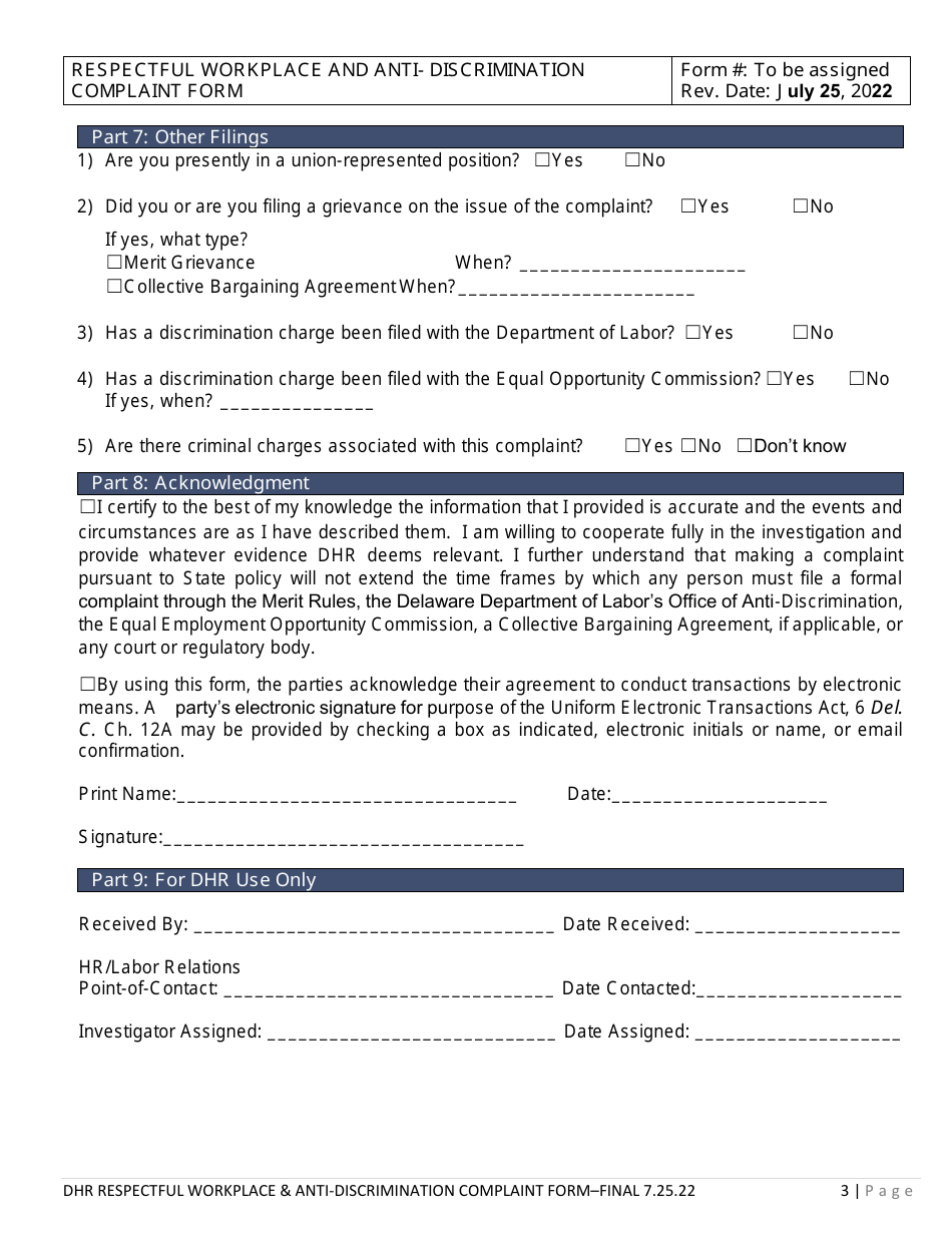 Respectful Workplace and Anti-discrimination Complaint Form - Statewide - Delaware, Page 3