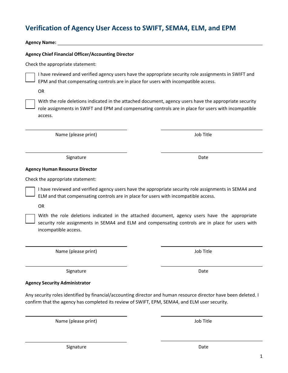Verification of Agency User Access to Swift, Sema4, Elm, and Epm - Minnesota, Page 1