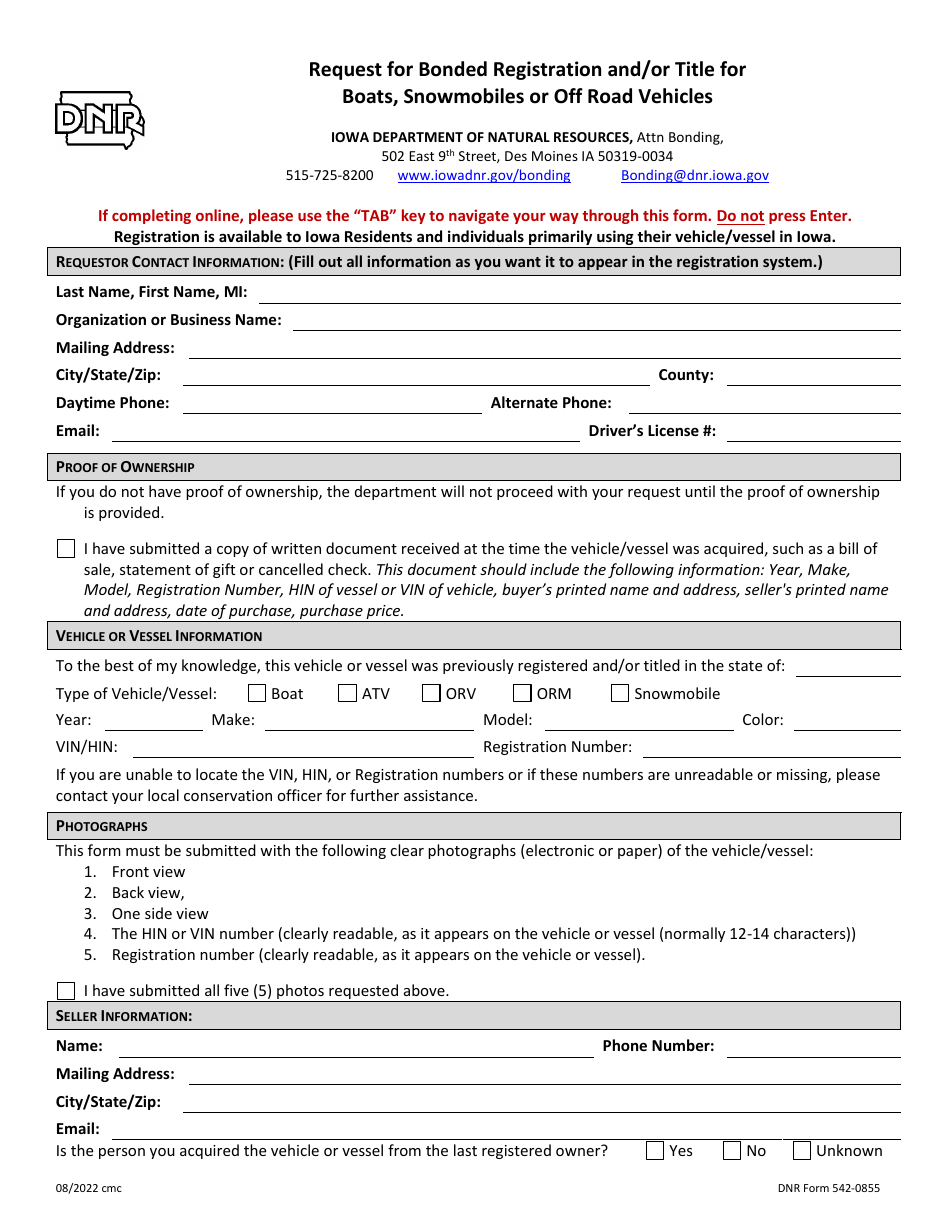 DNR Form 542-0855 Request for Bonded Registration and / or Title for Boats, Snowmobiles or off Road Vehicles - Iowa, Page 1