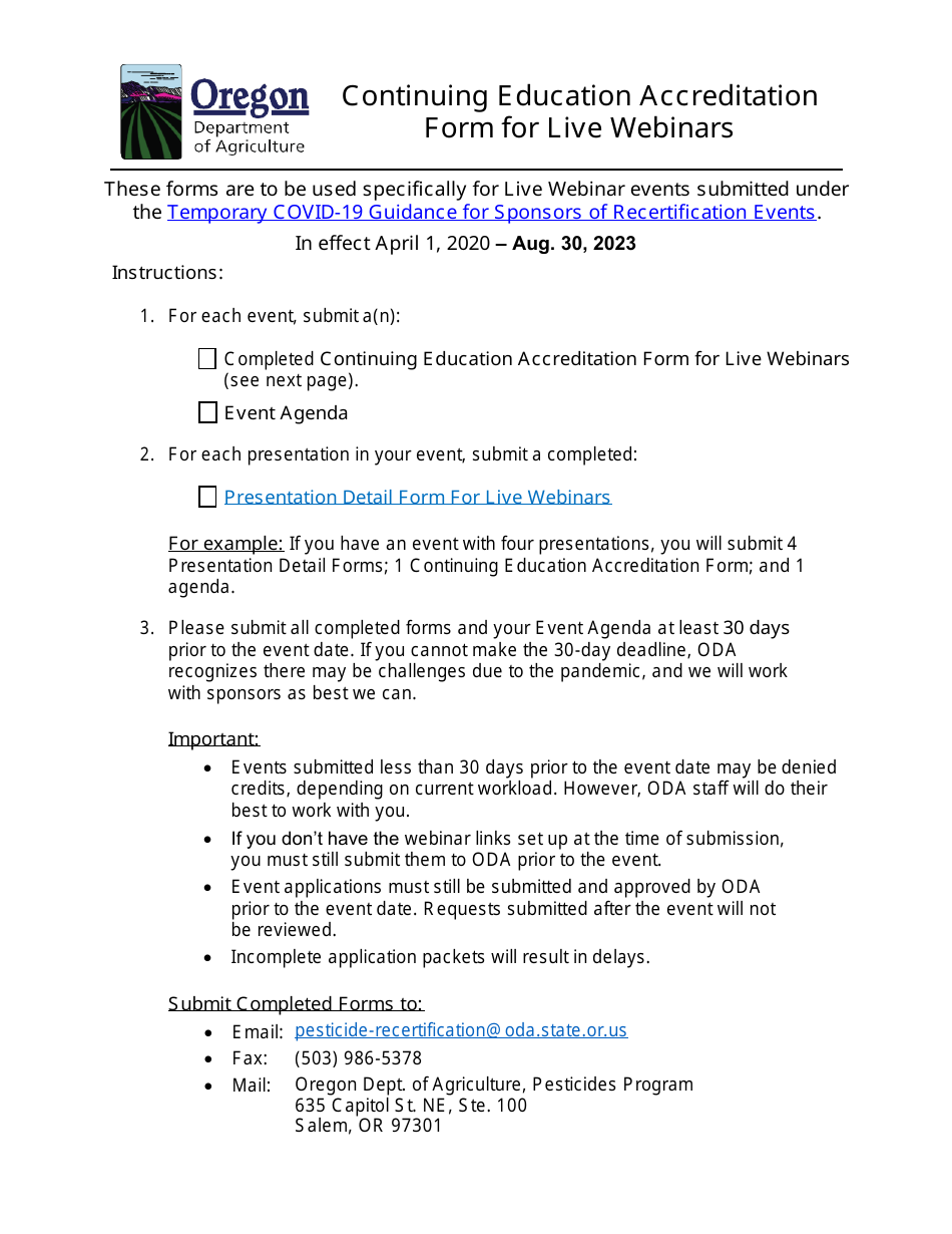 Continuing Education Accreditation Form for Live Webinars - Oregon, Page 1
