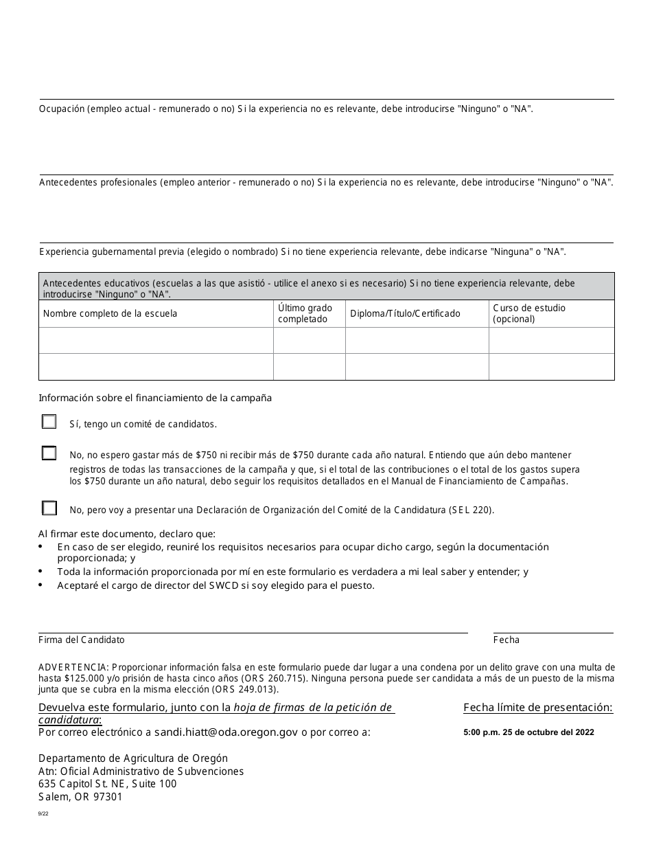Declaracion De Intenciones Y Solicitud De Recuento De Votos Por Escrito Para Director De Distrito - Oregon (Spanish), Page 2