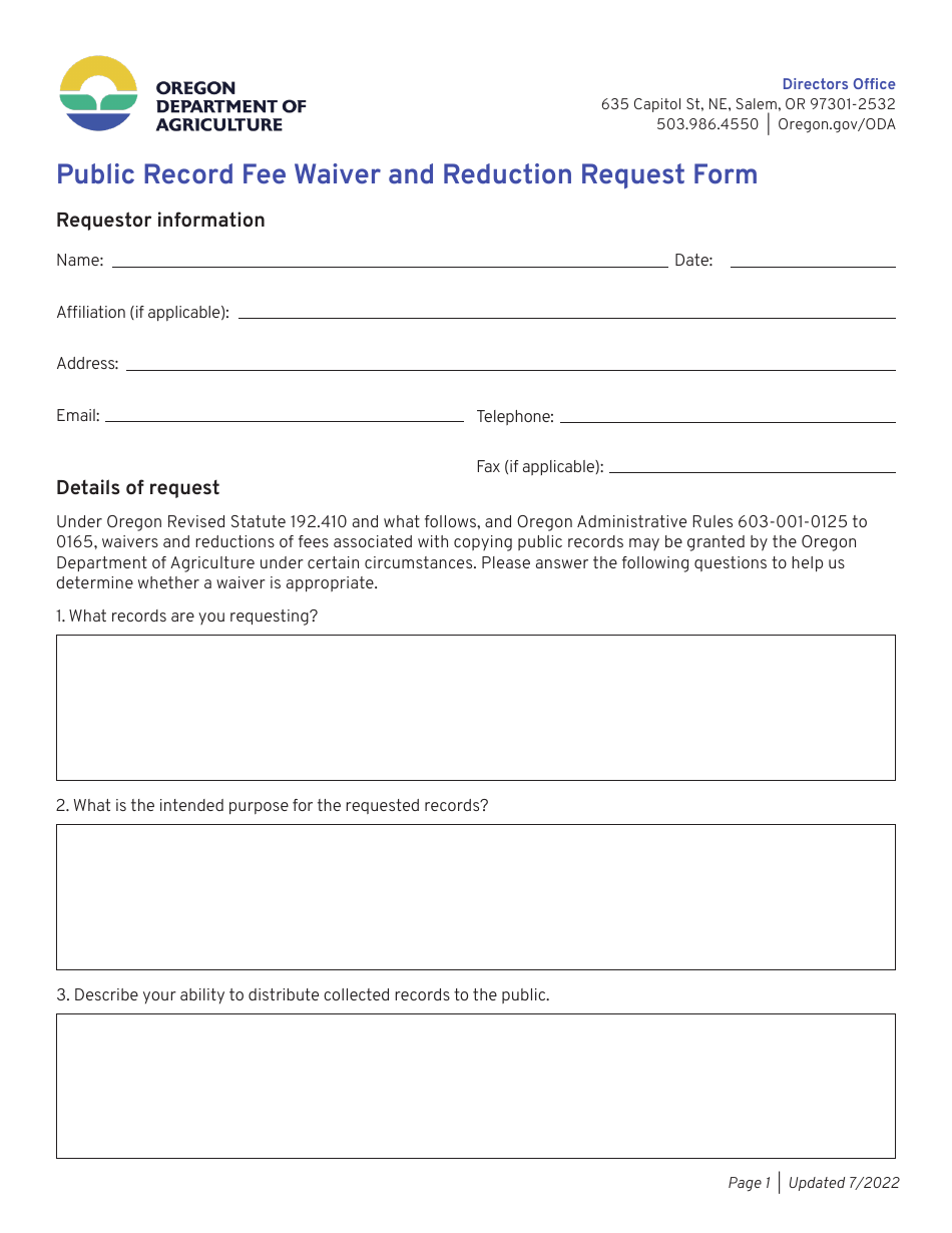 Public Record Fee Waiver and Reduction Request Form - Oregon, Page 1