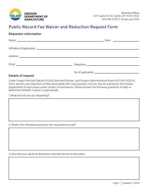 Public Record Fee Waiver and Reduction Request Form - Oregon Download Pdf