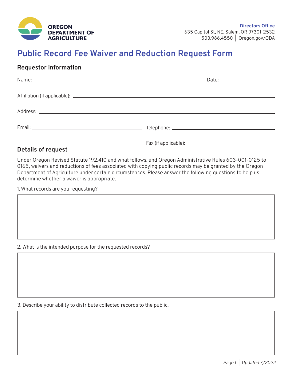 Oregon Public Record Fee Waiver and Reduction Request Form Download