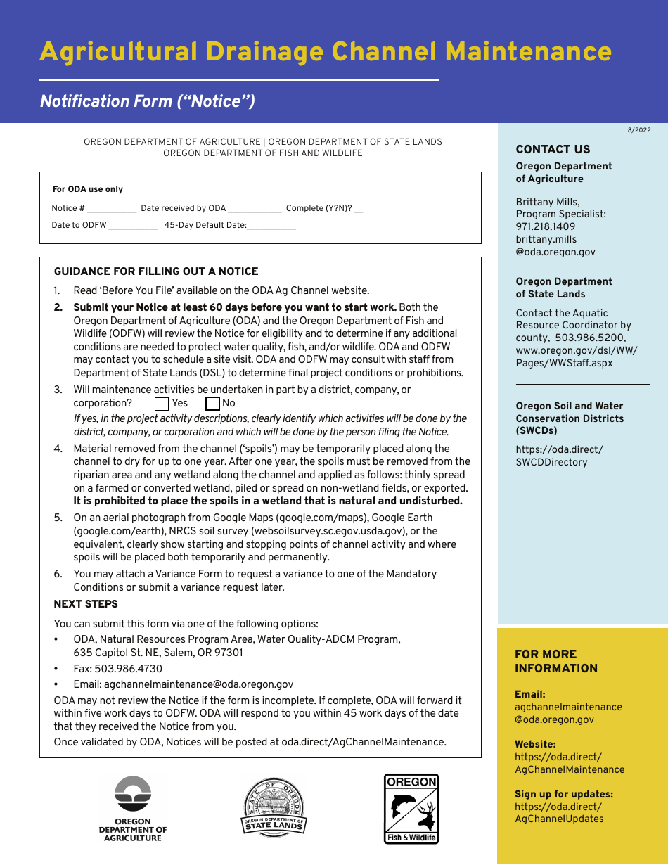 Oregon Agricultural Drainage Channel Maintenance Notification Form