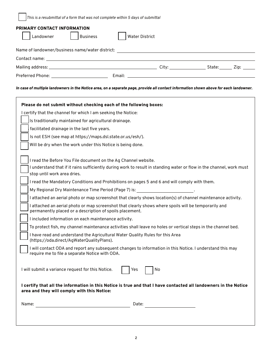 Agricultural Drainage Channel Maintenance Notification Form (notice) - Oregon, Page 2