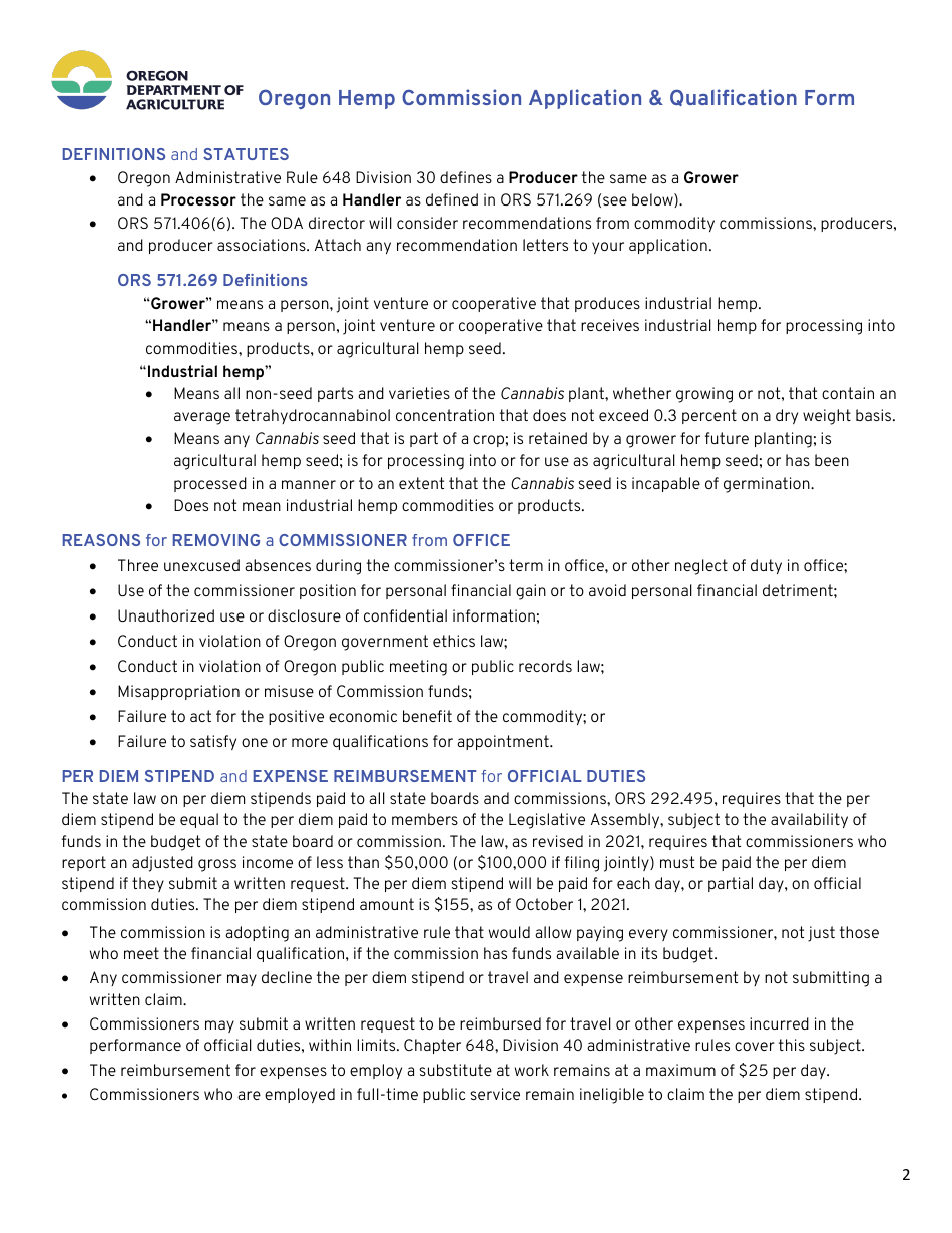 Oregon Hemp Commission Application  Qualification Form - Oregon, Page 2