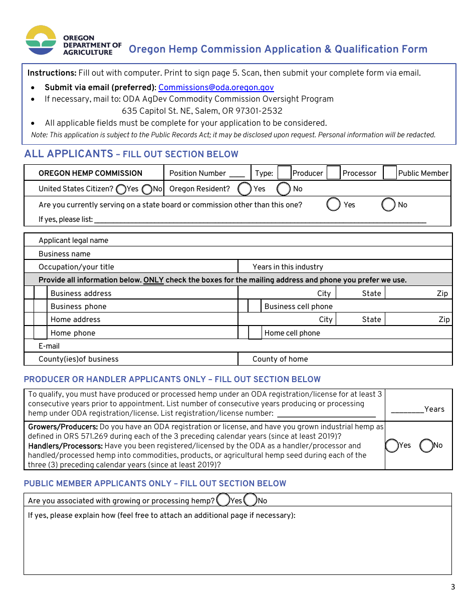 Oregon Hemp Commission Application  Qualification Form - Oregon, Page 3