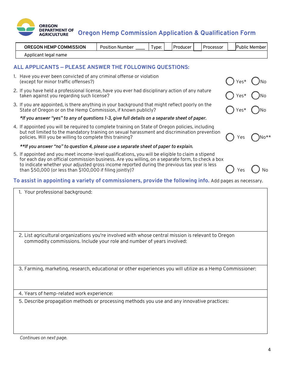 Oregon Hemp Commission Application  Qualification Form - Oregon, Page 4