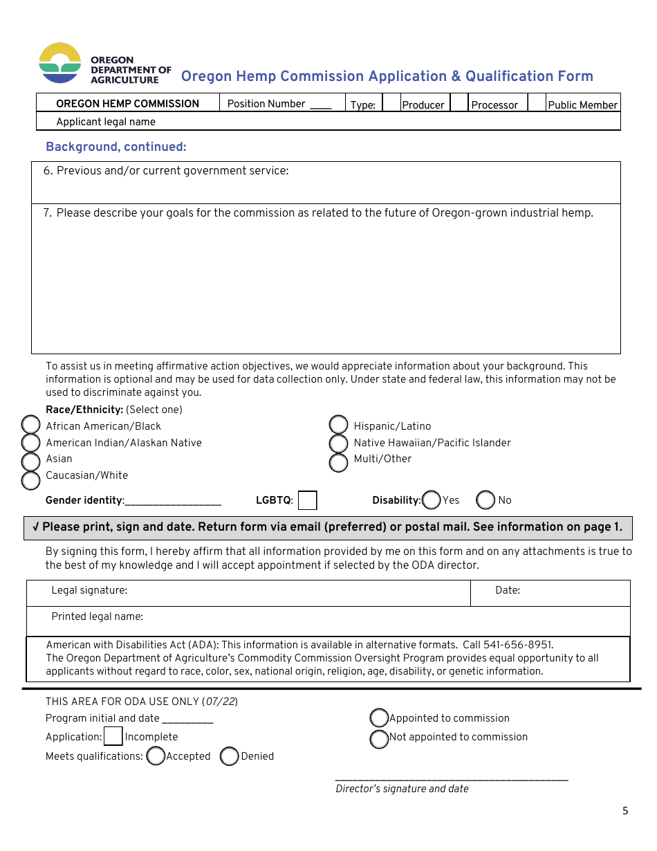 Oregon Hemp Commission Application  Qualification Form - Oregon, Page 5