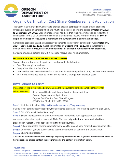 Organic Certification Cost Share Reimbursement Application - Oregon Download Pdf