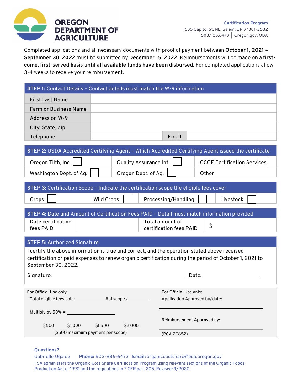 Organic Certification Cost Share Reimbursement Application - Oregon, Page 2