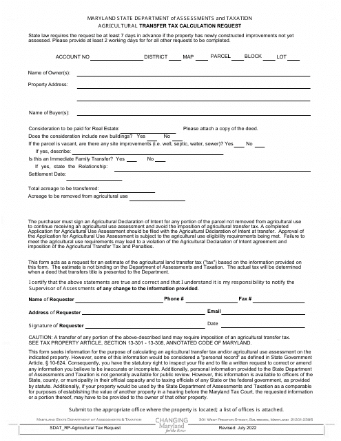 Agricultural Transfer Tax Calculation Request - Maryland Download Pdf