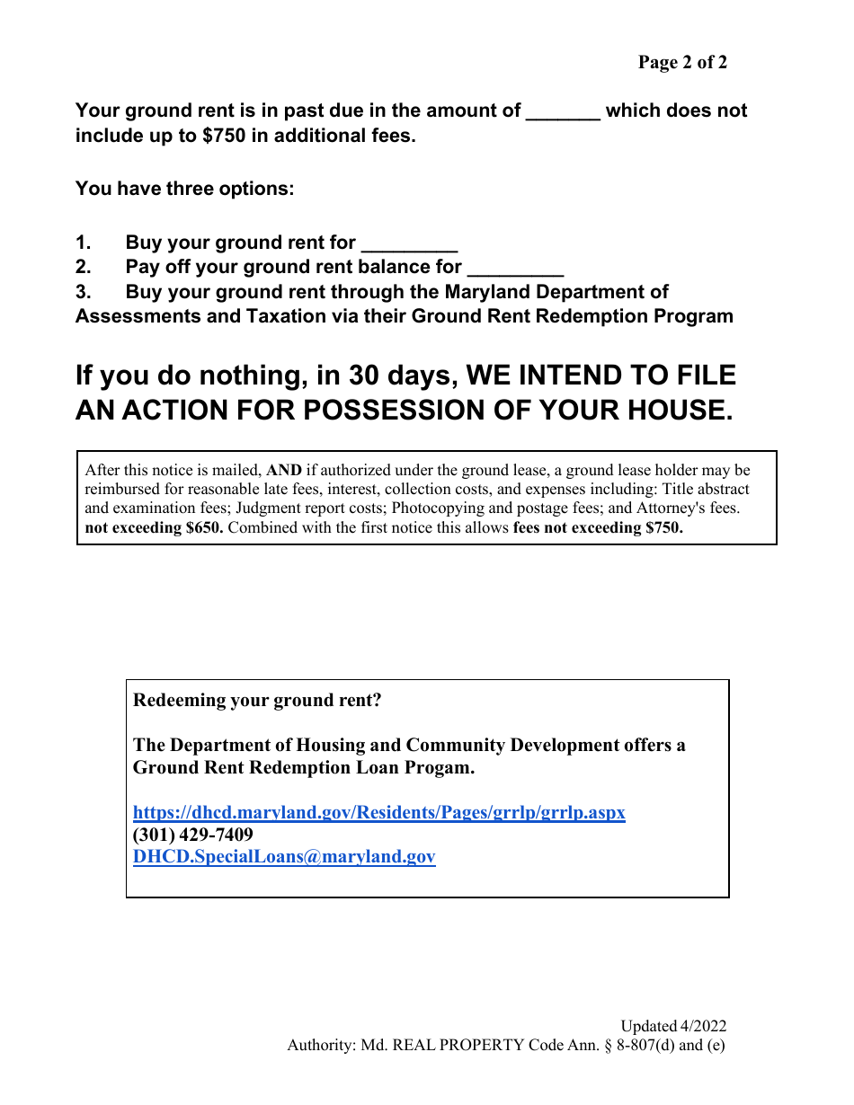 Second Ground Rent Demand Notice - Maryland, Page 2