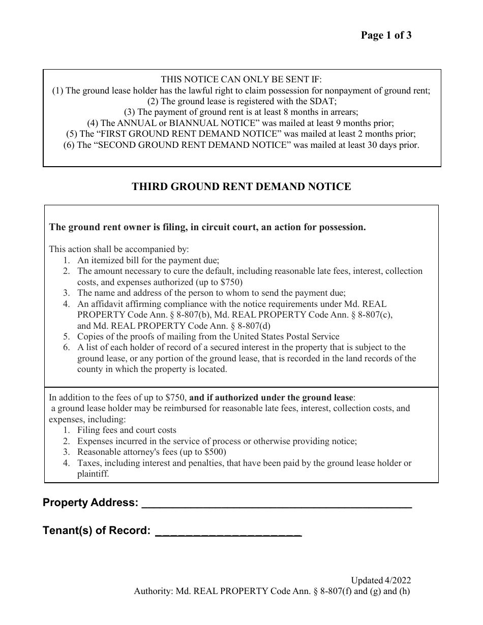 Maryland Third Ground Rent Demand Notice - Fill Out, Sign Online and ...