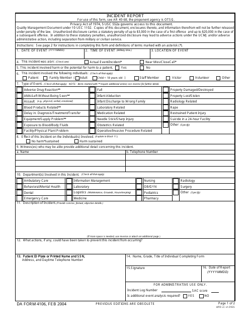 DA Form 4106  Printable Pdf