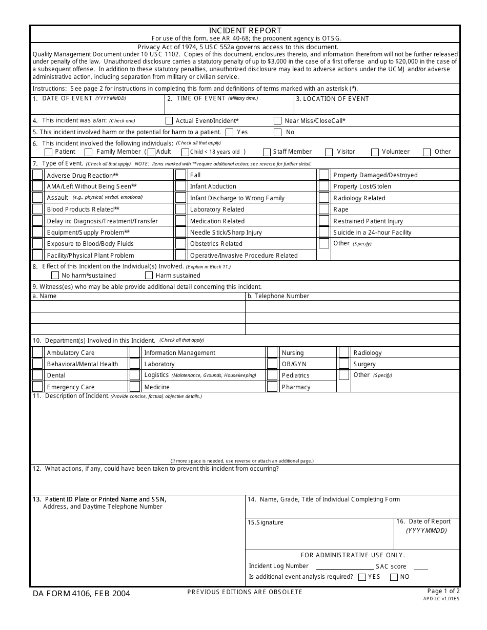 DA Form 4106 Incident Report, Page 1