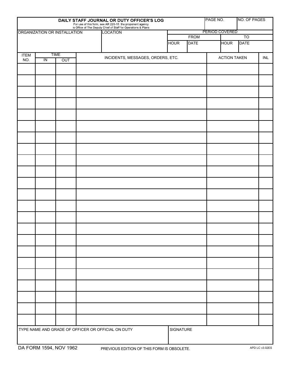 DA Form 1594 Daily Staff Journal or Duty Officer's Log, Page 1