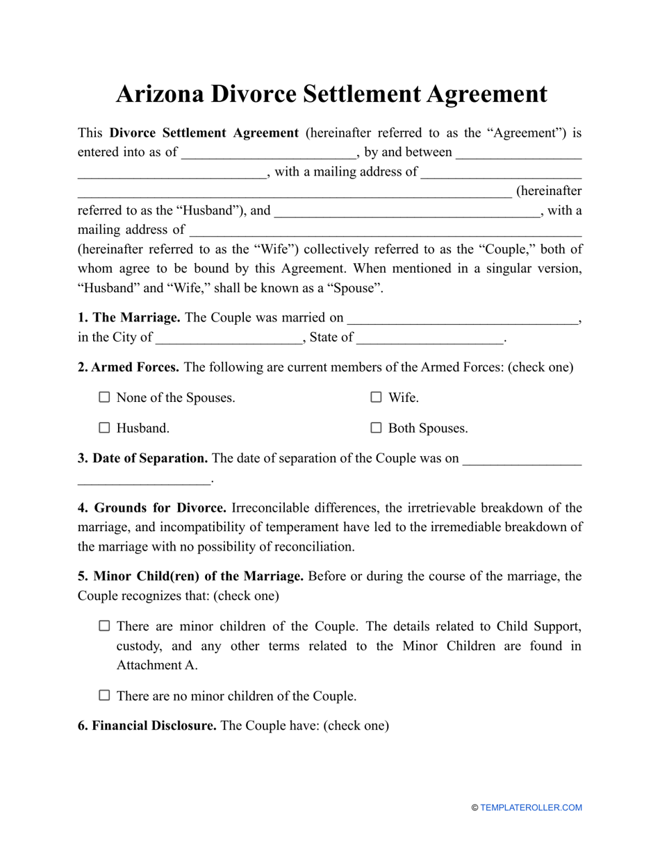 Divorce Settlement Agreement Template - Arizona, Page 1