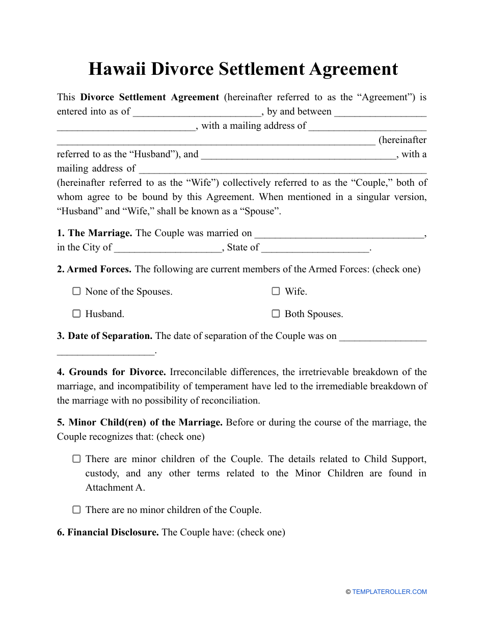 Divorce Settlement Agreement Template - Hawaii, Page 1