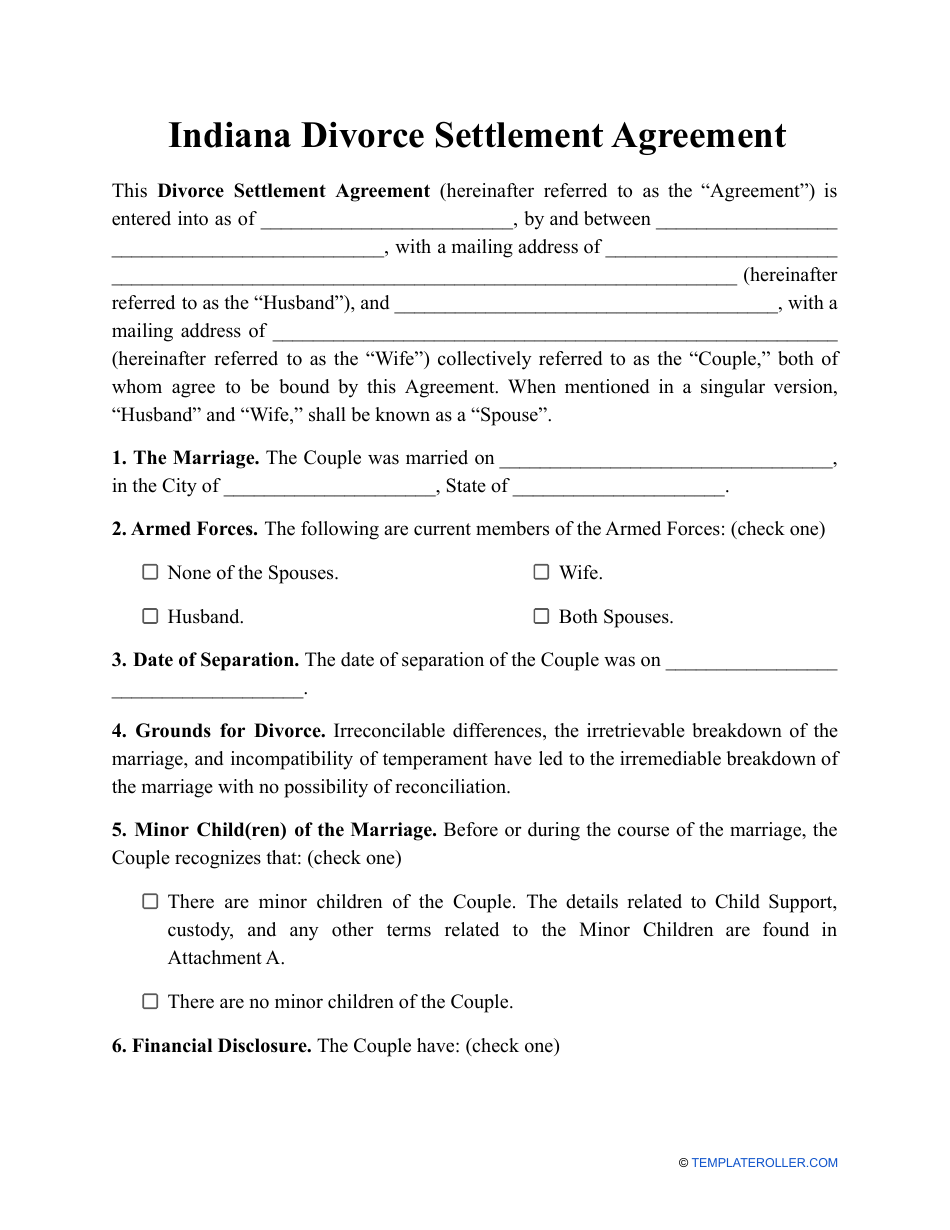 Divorce Settlement Agreement Template - Indiana, Page 1