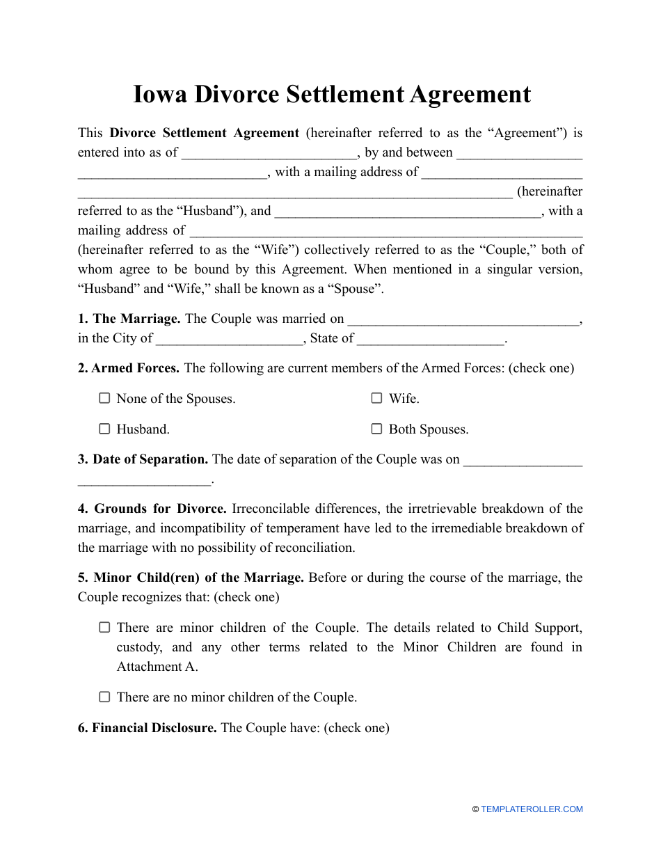 Divorce Settlement Agreement Template - Iowa, Page 1