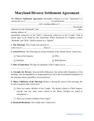Divorce Settlement Agreement Template - Maryland