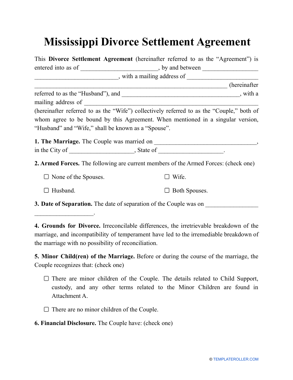 Divorce Settlement Agreement Template - Mississippi, Page 1