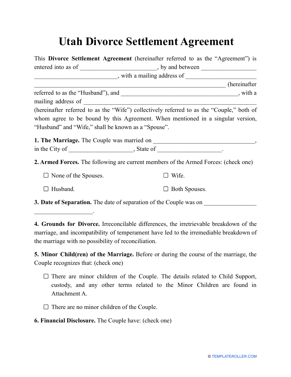 Utah Divorce Settlement Agreement Template Fill Out Sign Online And   Divorce Settlement Agreement Template Utah Print Big 