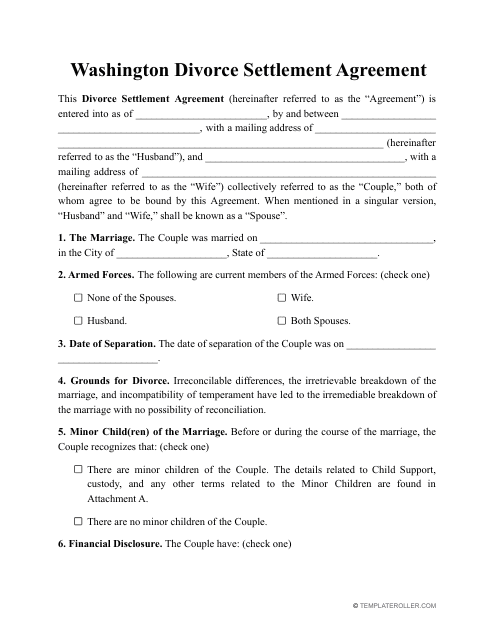 Divorce Settlement Agreement Template - Washington Download Pdf