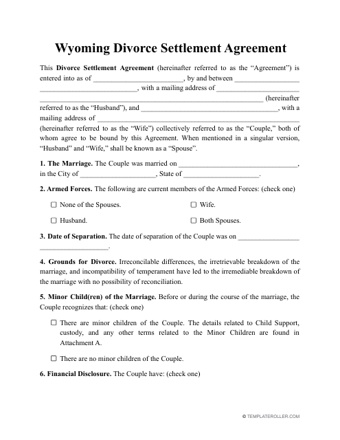 Divorce Settlement Agreement Template - Wyoming Download Pdf