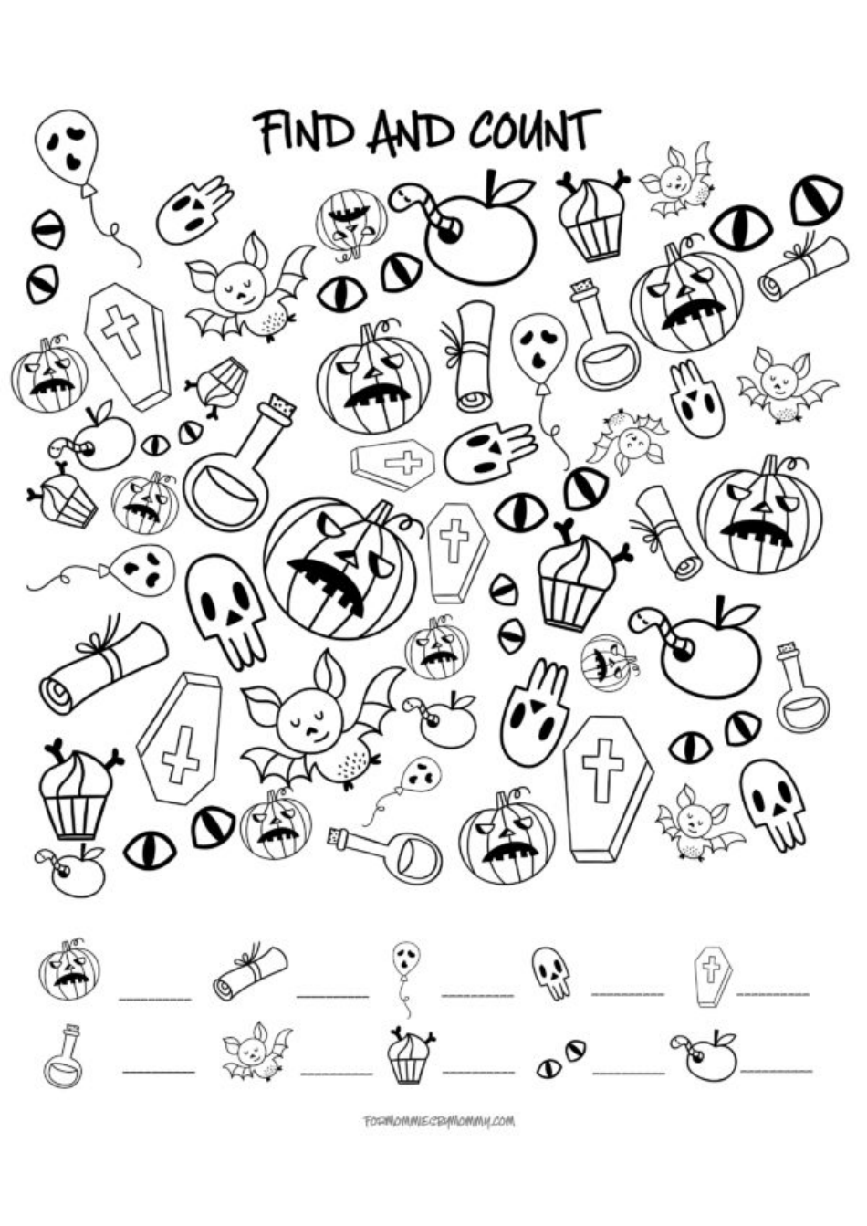 Halloween Coloring Sheet - Find and Count, Page 1