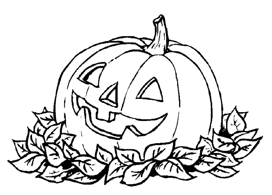 Halloween Coloring Sheet with Pumpkin and Leaves