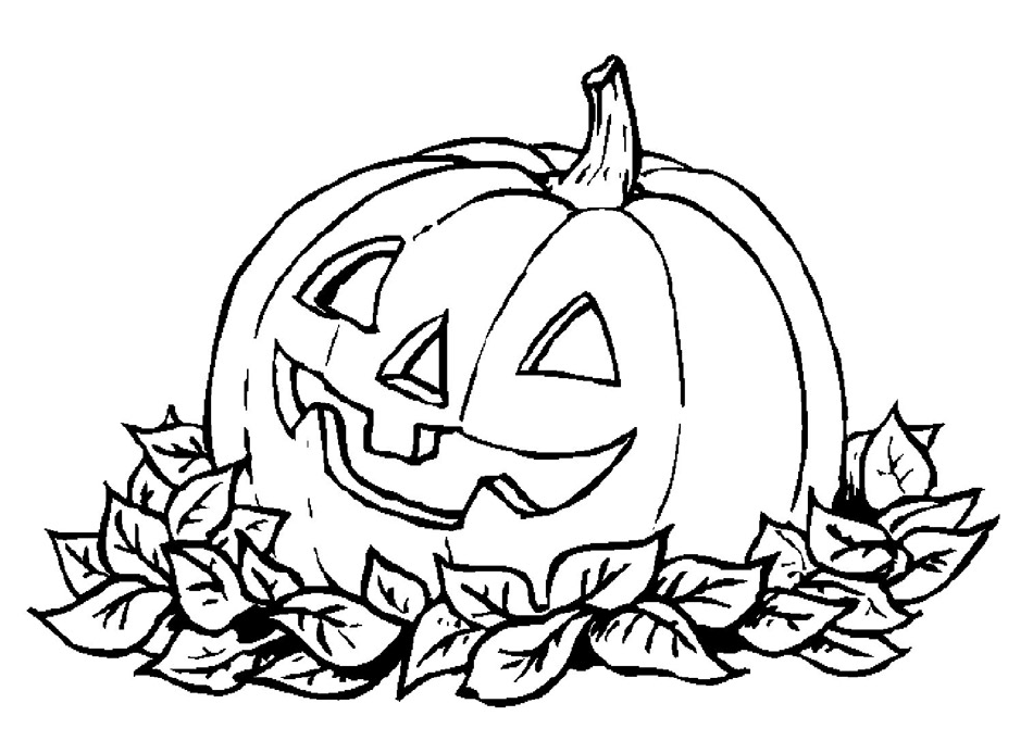 Halloween Coloring Sheet with Pumpkin and Leaves