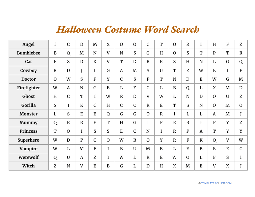 &quot;Halloween Costume Word Search Worksheet&quot; Download Pdf