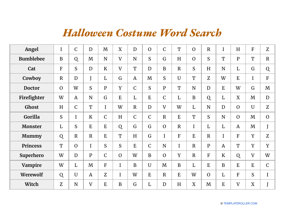 Halloween Costume Word Search Worksheet - A fun and challenging word search game with a Halloween costume theme, ready to be printed and solved, bringing hours of entertainment and enjoyment for kids and adults.