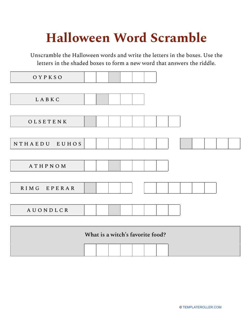 Happy Halloween Word Scramble Worksheet, Page 1