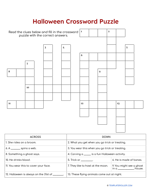 Halloween Crossword Puzzle Worksheet Download Pdf