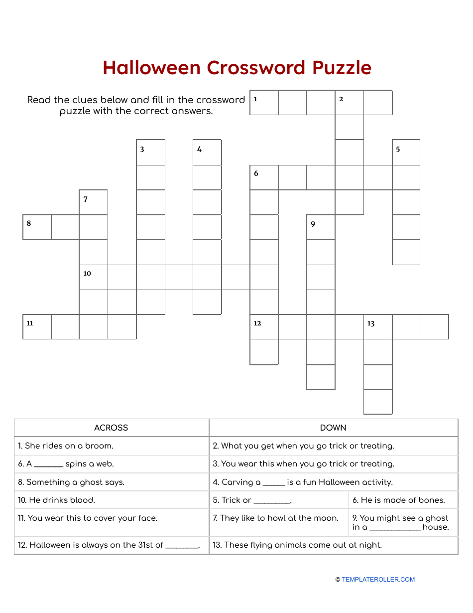 Halloween Crossword Puzzle Worksheet Download Printable PDF ...