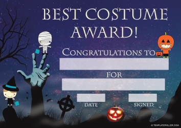 Document preview: Halloween Certificate Template - Best Costume Award